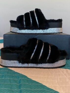 NEW Fashion Nova Black Faux Fur Rhinestone Slide Sandals